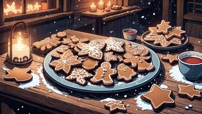 The primary subject of the image is a plate filled with various types of cookies. The cookies are decorated with snowflakes and other designs, creating a festive and visually appealing display. The setting is a table with a bowl nearby, possibly containing more cookies. The visual style is a combination of digital art and illustration, giving the image a unique and creative appearance. The colors and mood of the image are predominantly warm and inviting, with the snowflakes and other decorations adding a touch